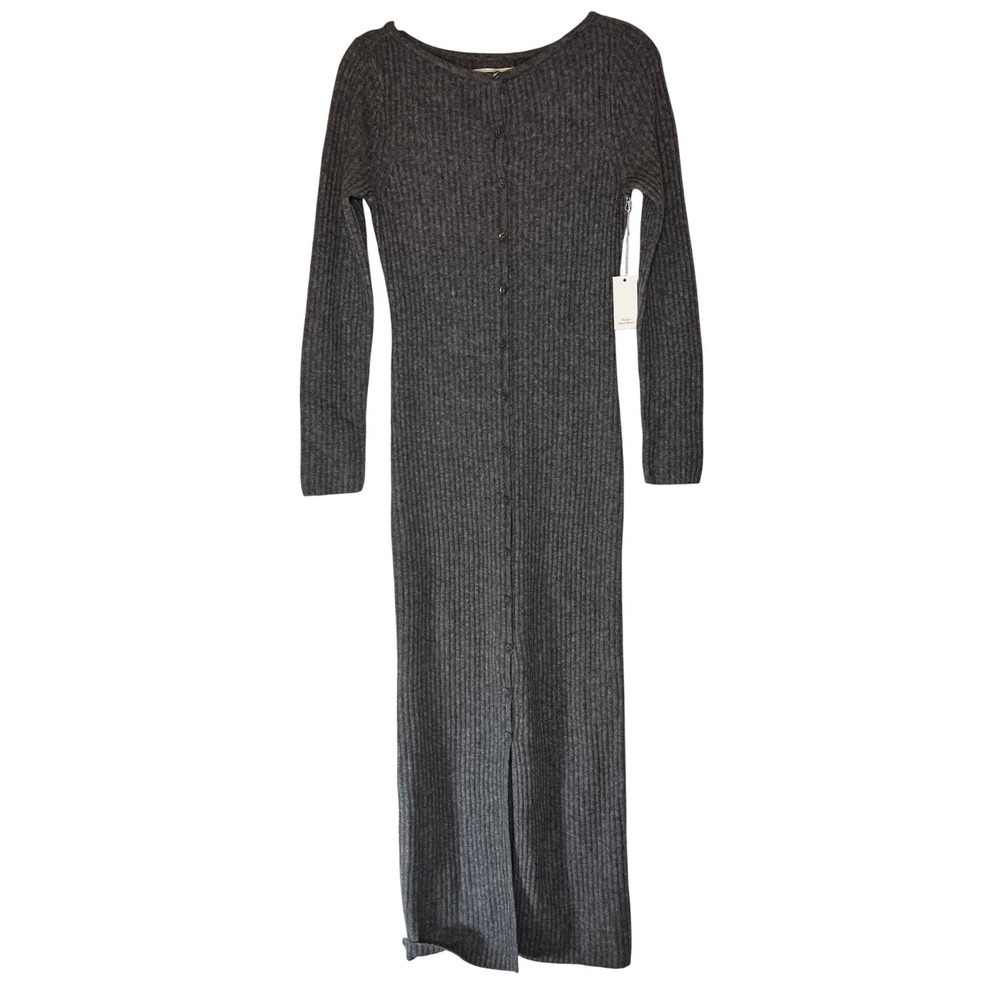 Abercrombie & Fitch Giselle Grey Merino Wool Ribbed Button Front Maxi Dress SM - Picture 3 of 8